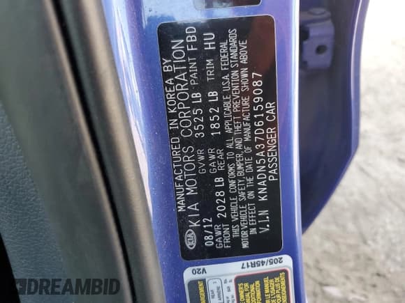 ✅ 2013 Kia Rio SX • VIN: KNADN5A37D6159087 • Lot: 58734095. Listed on Copart with 120,893 mi. Free auction sales archive from the USA and detailed vehicle history report at DreamBid. Image 12.