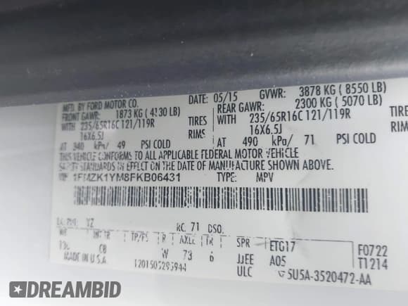 ✅ 2015 Ford Transit XL • VIN: 1FMZK1YM8FKB06431 • Lot: 42653296. Wystawiony na IAAI z przebiegiem 211 105 mil. Bezpłatny archiwum sprzedaży aukcyjnych z USA i szczegółowy raport historii pojazdu na DreamBid. Zdjęcie 9.