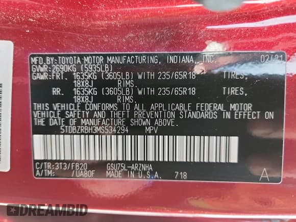 ✅ 2021 Toyota Highlander LE • VIN: 5TDBZRBH3MS534294 • Lot: 91676525. Listed on Copart with 37,707 mi. Free auction sales archive from the USA and detailed vehicle history report at DreamBid. Image 13.