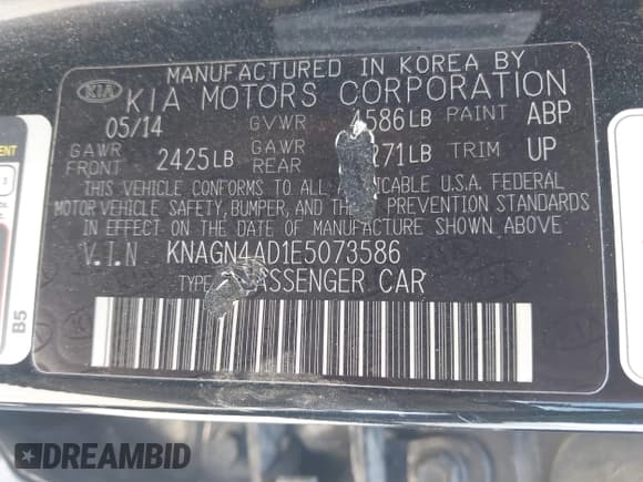 ✅ 2014 Kia Optima EX • VIN: KNAGN4AD1E5073586 • Lot: 42795892. Listed on IAAI with Not provided. Free auction sales archive from the USA and detailed vehicle history report at DreamBid. Image 9.