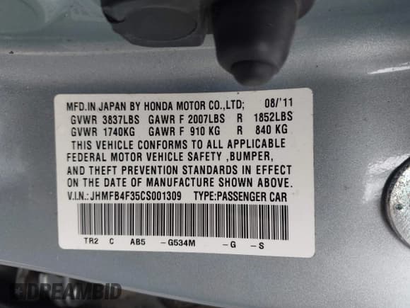 ✅ 2012 Honda Civic • VIN: JHMFB4F35CS001309 • Lot: 43399006. Wystawiony na IAAI z przebiegiem 165 079 mil. Bezpłatny archiwum sprzedaży aukcyjnych z USA i szczegółowy raport historii pojazdu na DreamBid. Zdjęcie 9.