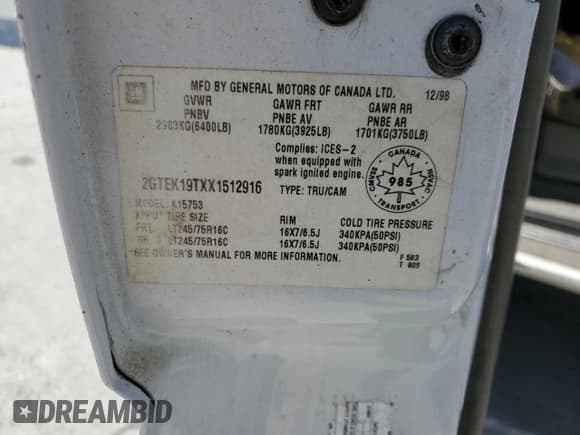 ✅ 1999 GMC Sierra 1500 SLE • VIN: 2GTEK19TXX1512916 • Лот: 68401345. Опубликован ранее на Copart с пробегом Не указан. Бесплатный доступ к архиву аукционных продаж из США и подробный отчёт об истории автомобиля на DreamBid. Изображение 12.