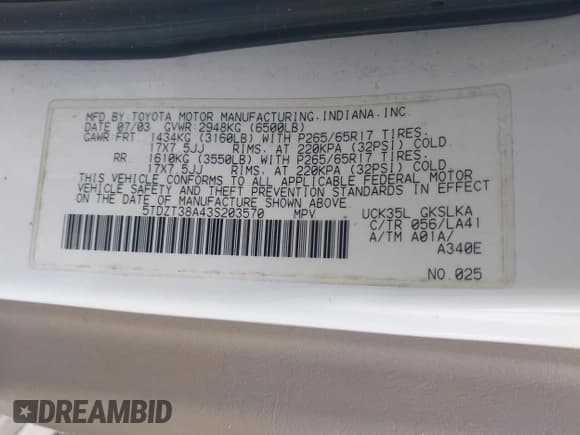 ✅ 2003 Toyota Sequoia Limited • VIN: 5TDZT38A43S203570 • Лот: 42648122. Опубликован ранее на IAAI с пробегом 354 278 миль. Бесплатный доступ к архиву аукционных продаж из США и подробный отчёт об истории автомобиля на DreamBid. Изображение 9.