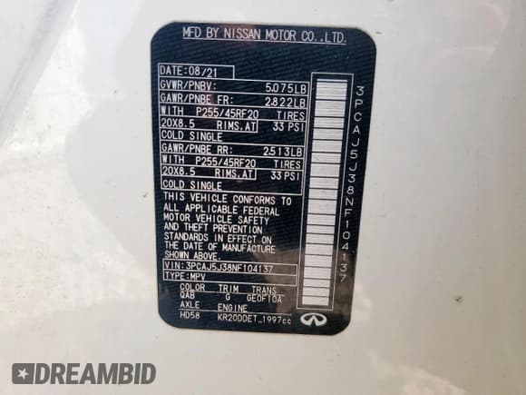 ✅ 2022 Infiniti QX55 Luxe • VIN: 3PCAJ5J38NF104137 • Lot: 56907935. Listed on Copart with 58,539 mi. Free auction sales archive from the USA and detailed vehicle history report at DreamBid. Image 13.