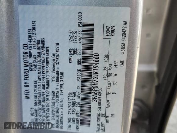 ✅ 2018 Ford Fusion SE • VIN: 3FA6P0H72JR194660 • Lot: 83979315. Wystawiony na Copart z przebiegiem 151 488 mil. Bezpłatny archiwum sprzedaży aukcyjnych z USA i szczegółowy raport historii pojazdu na DreamBid. Zdjęcie 12.