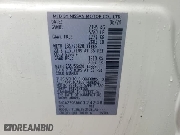 ✅ 2024 Nissan Murano Platinum • VIN: 5N1AZ2DS6RC124248 • Lot: 57577895. Listed on Copart with 4,779 mi. Free auction sales archive from the USA and detailed vehicle history report at DreamBid. Image 12.