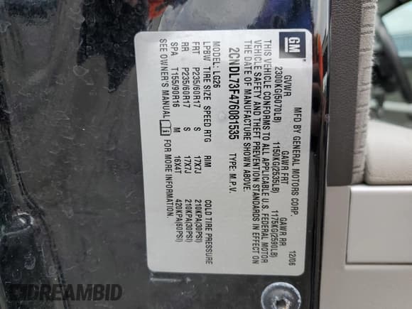 ✅ 2007 Chevrolet Equinox LT • VIN: 2CNDL73F476081535 • Лот: 88310925. Опубликован ранее на Copart с пробегом 75 482 миль. Бесплатный доступ к архиву аукционных продаж из США и подробный отчёт об истории автомобиля на DreamBid. Изображение 14.