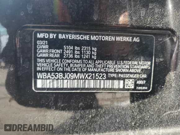 ✅ 2021 BMW 5 Series 540i • VIN: WBA53BJ09MWX21523 • Lot: 54498045. Listed on Copart with 37,818 mi. Free auction sales archive from the USA and detailed vehicle history report at DreamBid. Image 12.