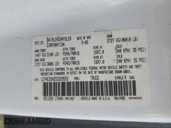 2005 Dodge Dakota ST z VIN 1D7HE22N25S329552, wystawiony jako Copart lot #90839955 z przebiegiem 189 006 mil mil oraz Szkoda całkowita • Salvage title. Historia ofert i sprzedaży dostępna na DreamBid. Obrazek 12.