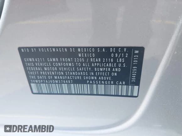 ✅ 2013 Volkswagen Jetta SE • VIN: 3VWDP7AJ6DM376487 • Lot: 42362475. Wystawiony na IAAI z przebiegiem 124 324 mil. Bezpłatny archiwum sprzedaży aukcyjnych z USA i szczegółowy raport historii pojazdu na DreamBid. Zdjęcie 9.