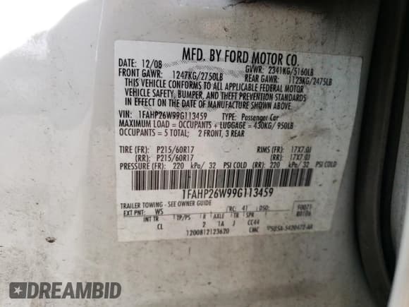 ✅ 2009 Ford Taurus • VIN: 1FAHP26W99G113459 • Lot: 51916015. Listed on Copart with 165,674 mi. Free auction sales archive from the USA and detailed vehicle history report at DreamBid. Image 12.