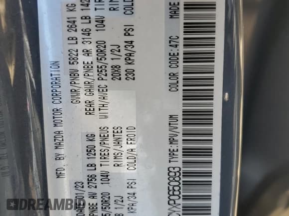 ✅ 2023 Mazda CX-9 Touring • VIN: JM3TCBCYXP0650893 • Lot: 56875635. Listed on Copart with 30,055 mi. Free auction sales archive from the USA and detailed vehicle history report at DreamBid. Image 13.