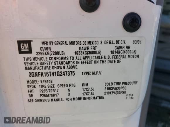 2001 Chevrolet Suburban LT с VIN 3GNFK16T41G247375, выставлен на аукционе Copart как лот 79887714 с пробегом 259 920 миль миль и Списание • Salvage title. История ставок и продаж доступна на DreamBid. Изображение 13.