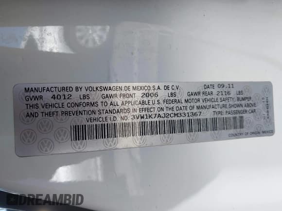 ✅ 2012 Volkswagen Jetta S • VIN: 3VW1K7AJ2CM331367 • Lot: 42294252. Listed on IAAI with 162,373 mi. Free auction sales archive from the USA and detailed vehicle history report at DreamBid. Image 9.