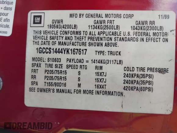 ✅ 2000 Chevrolet S-10 LS • VIN: 1GCCS1444YK167617 • Lot: 41612272. Listed on IAAI with 115,900 mi. Free auction sales archive from the USA and detailed vehicle history report at DreamBid. Image 9.