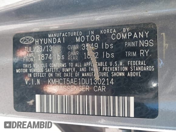 ✅ 2013 Hyundai Accent GS • VIN: KMHCT5AE1DU130214 • Lot: 43887811. Listed on IAAI with 209,643 mi. Free auction sales archive from the USA and detailed vehicle history report at DreamBid. Image 9.