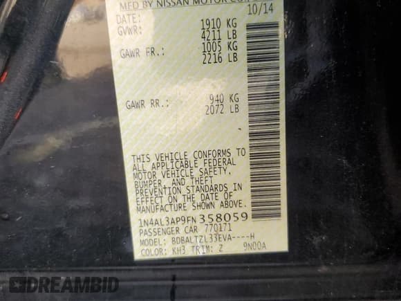 ✅ 2015 Nissan Altima 2.5 • VIN: 1N4AL3AP9FN358059 • Lot: 91277925. Listed on Copart with 130,748 mi. Free auction sales archive from the USA and detailed vehicle history report at DreamBid. Image 12.