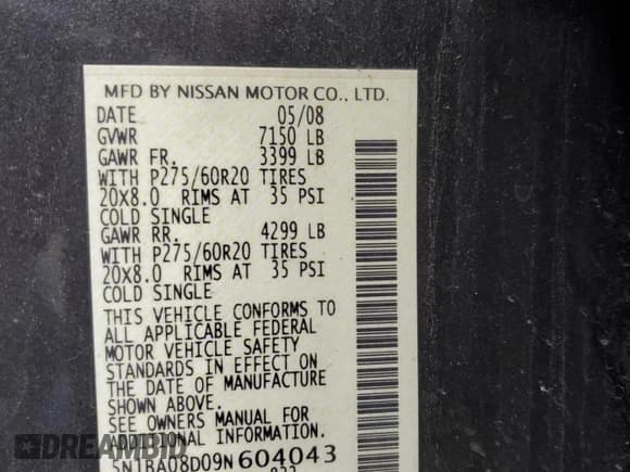 ✅ 2009 Nissan Armada SE • VIN: 5N1BA08D09N604043 • Лот: 46001675. Опубликован ранее на Copart с пробегом 205 996 миль. Бесплатный доступ к архиву аукционных продаж из США и подробный отчёт об истории автомобиля на DreamBid. Изображение 13.