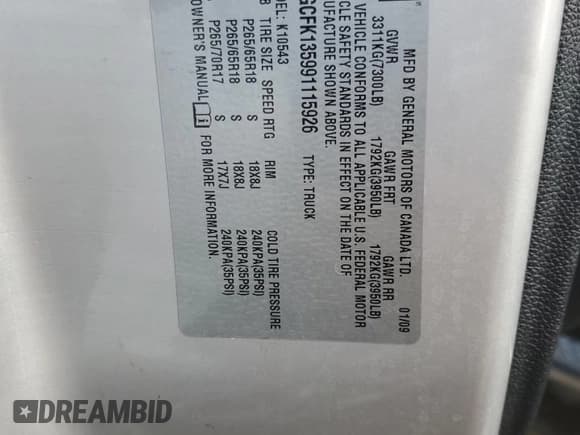 ✅ 2009 Chevrolet Silverado 1500 • VIN: 2GCFK135991115926 • Lot: 68736764. Listed on Copart with 73,877 mi. Free auction sales archive from the USA and detailed vehicle history report at DreamBid. Image 12.