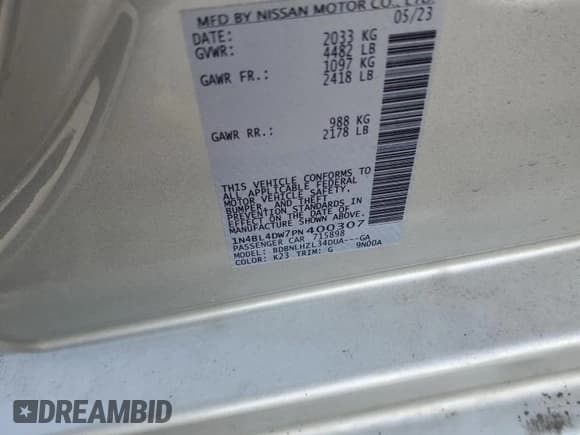 ✅ 2023 Nissan Altima SV • VIN: 1N4BL4DW7PN400307 • Lot: 92905575. Wystawiony na Copart z przebiegiem 35 261 mil. Bezpłatny archiwum sprzedaży aukcyjnych z USA i szczegółowy raport historii pojazdu na DreamBid. Zdjęcie 12.