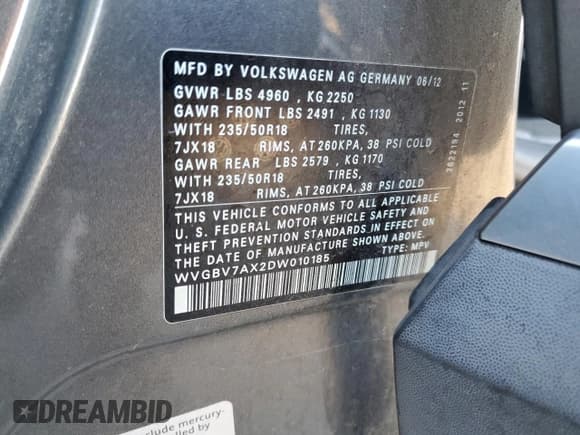 ✅ 2013 Volkswagen Tiguan SE • VIN: WVGBV7AX2DW010185 • Lot: 69625895. Listed on Copart with 134,760 mi. Free auction sales archive from the USA and detailed vehicle history report at DreamBid. Image 13.