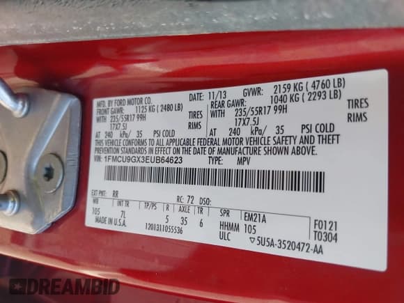 ✅ 2014 Ford Escape SE • VIN: 1FMCU9GX3EUB64623 • Lot: 42560923. Listed on IAAI with 120,730 mi. Free auction sales archive from the USA and detailed vehicle history report at DreamBid. Image 9.