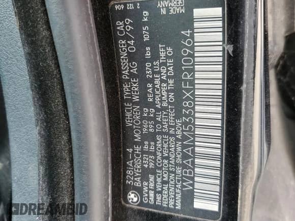 1999 BMW 3 Series 328i z VIN WBAAM5338XFR10964, wystawiony jako Copart lot #89660145 z przebiegiem 171 018 mil mil oraz Czysty tytuł • Clean title. Historia ofert i sprzedaży dostępna na DreamBid. Obrazek 12.