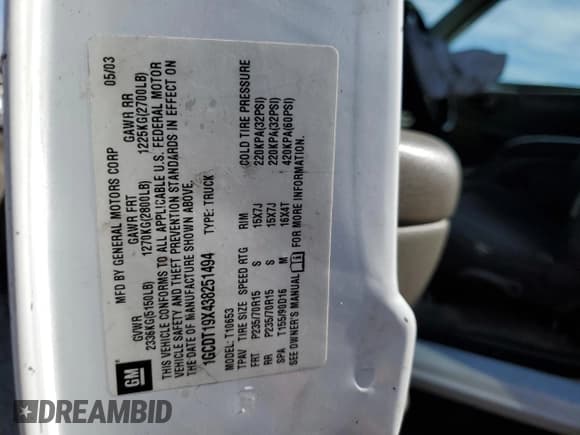 ✅ 2003 Chevrolet S-10 • VIN: 1GCDT19X438251494 • Лот: 46087185. Опубликован ранее на Copart с пробегом Не указан. Бесплатный доступ к архиву аукционных продаж из США и подробный отчёт об истории автомобиля на DreamBid. Изображение 13.