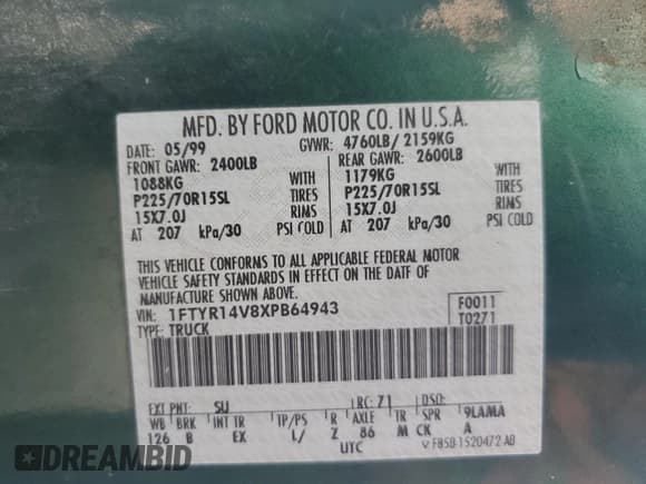 ✅ 1999 Ford Ranger XL • VIN: 1FTYR14V8XPB64943 • Lot: 84218475. Listed on Copart with 190,402 mi. Free auction sales archive from the USA and detailed vehicle history report at DreamBid. Image 12.