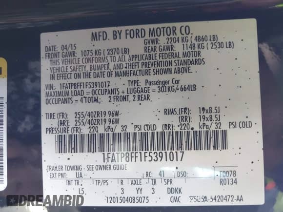 2015 Ford Mustang GT Premium with VIN 1FATP8FF1F5391017, listed as a IAAI auction lot 43528484 with 83,502 mi miles and . Bid and sale history available at DreamBid. Image 9.