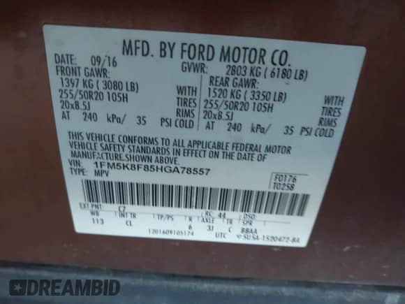 2017 Ford Explorer Limited with VIN 1FM5K8F85HGA78557, listed as a IAAI auction lot 43048929 with 183,830 mi miles and . Bid and sale history available at DreamBid. Image 9.