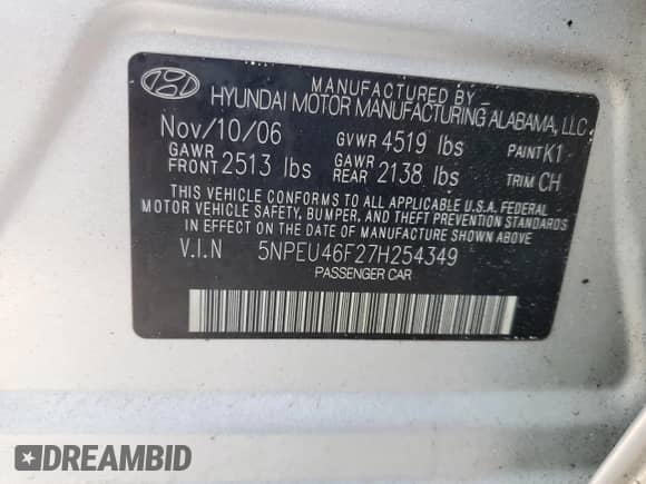 ✅ 2007 Hyundai Sonata SE • VIN: 5NPEU46F27H254349 • Lot: 76411484. Listed on Copart with Not provided miles. Access the free auction sales archive from the USA and view a detailed vehicle history report at DreamBid. Image 13.