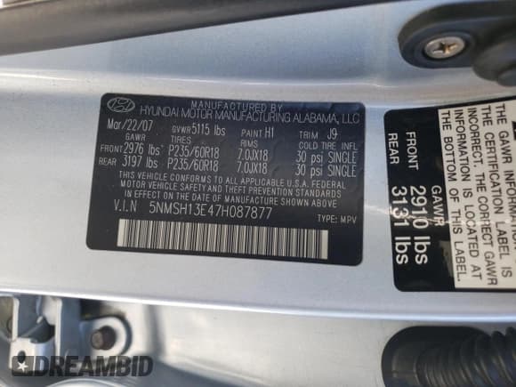 ✅ 2007 Hyundai Santa Fe SE • VIN: 5NMSH13E47H087877 • Lot: 85947124. Listed on Copart with 104,284 mi. Free auction sales archive from the USA and detailed vehicle history report at DreamBid. Image 15.