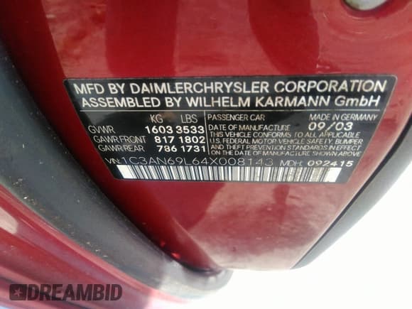 ✅ 2004 Chrysler Crossfire • VIN: 1C3AN69L64X008143 • Lot: 43309426. Listed on IAAI with 178,996 mi. Free auction sales archive from the USA and detailed vehicle history report at DreamBid. Image 9.