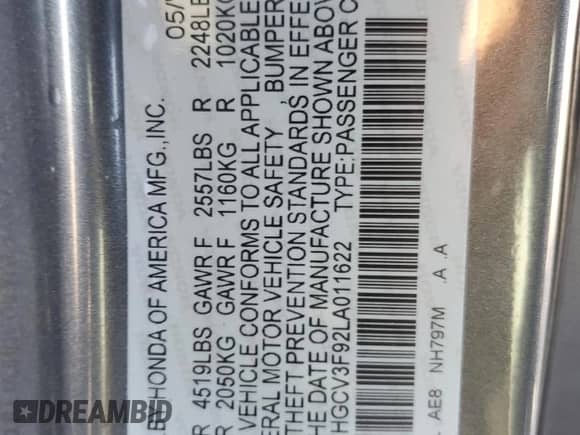 2020 Honda Accord Touring z VIN 1HGCV3F92LA011622, wystawiony jako Copart lot #82562045 z przebiegiem 35 552 mil mil oraz Szkoda całkowita • Salvage title. Historia ofert i sprzedaży dostępna na DreamBid. Obrazek 12.