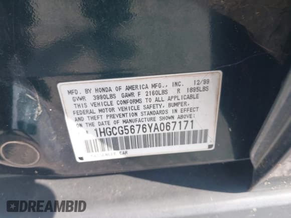 ✅ 2000 Honda Accord SE • VIN: 1HGCG5676YA067171 • Lot: 42800745. Listed on IAAI with 167,169 mi. Free auction sales archive from the USA and detailed vehicle history report at DreamBid. Image 9.