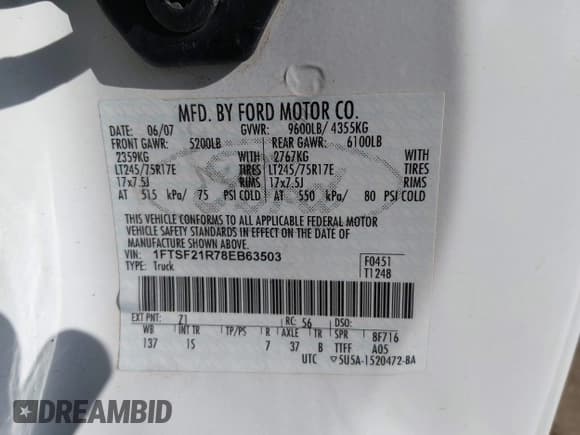 ✅ 2008 Ford F-250 XL • VIN: 1FTSF21R78EB63503 • Lot: 43827228. Listed on IAAI with Not provided. Free auction sales archive from the USA and detailed vehicle history report at DreamBid. Image 9.