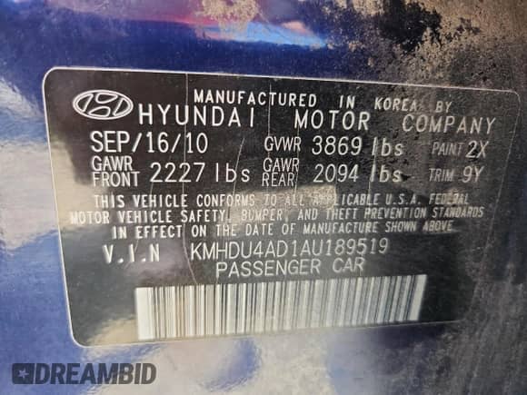 2010 Hyundai Elantra GLS z VIN KMHDU4AD1AU189519, wystawiony jako Copart lot #84756335 z przebiegiem 176 960 mil mil oraz Szkoda całkowita • Salvage title. Historia ofert i sprzedaży dostępna na DreamBid. Obrazek 12.