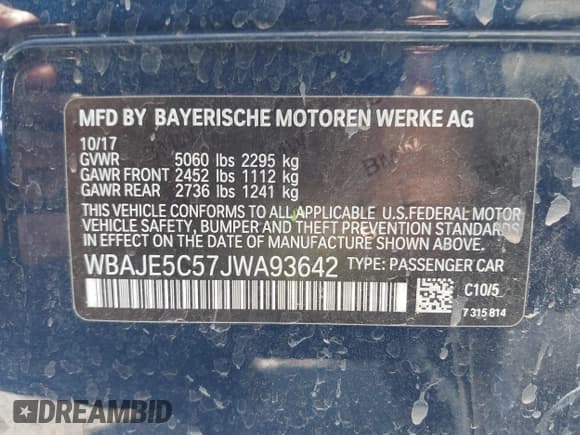 ✅ 2018 BMW 5 Series 540i • VIN: WBAJE5C57JWA93642 • Lot: 42487882. Listed on IAAI with Not provided. Free auction sales archive from the USA and detailed vehicle history report at DreamBid. Image 9.