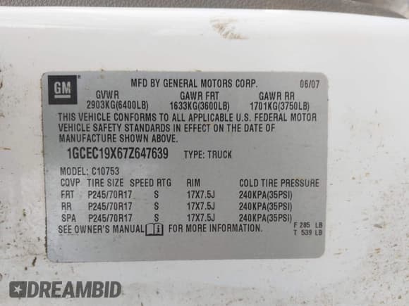 ✅ 2007 Chevrolet Silverado 1500 Work Truck • VIN: 1GCEC19X67Z647639 • Lot: 42681029. Listed on IAAI with 342,106 mi. Free auction sales archive from the USA and detailed vehicle history report at DreamBid. Image 9.