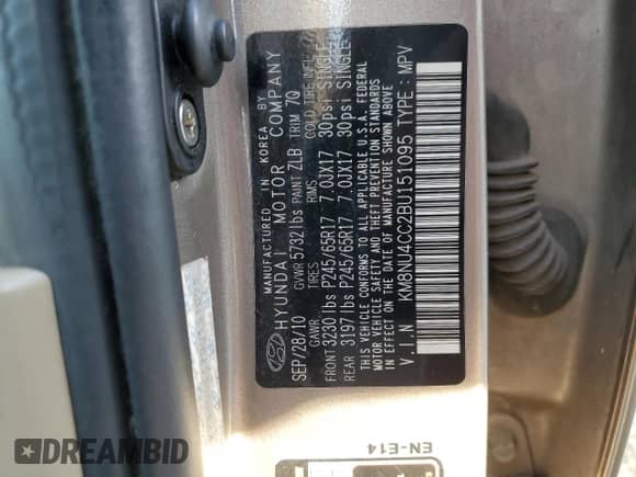 2011 Hyundai Veracruz GLS with VIN KM8NU4CC2BU151095, listed as a Copart auction lot 44057785 with 155,140 mi miles and Salvage title. Bid and sale history available at DreamBid. Image 14.