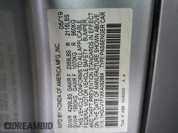 ✅ 2019 Honda Accord LX • VIN: 1HGCV1F1XKA092964 • Лот: 91865035. Опубликован ранее на Copart с пробегом 130 237 миль. Бесплатный доступ к архиву аукционных продаж из США и подробный отчёт об истории автомобиля на DreamBid. Изображение 12.