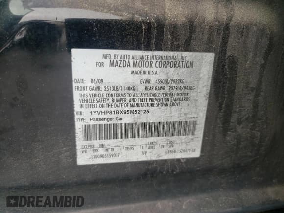 ✅ 2009 Mazda 6 S Sport • VIN: 1YVHP81BX95M52125 • Lot: 58270215. Listed on Copart with 247,983 mi. Free auction sales archive from the USA and detailed vehicle history report at DreamBid. Image 12.