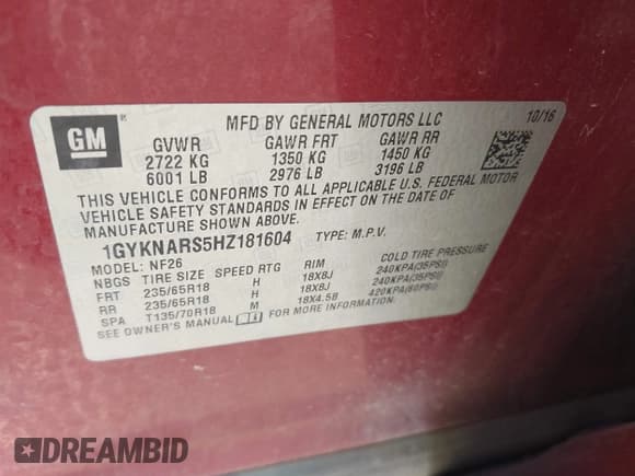 ✅ 2017 Cadillac XT5 FWD • VIN: 1GYKNARS5HZ181604 • Lot: 42037927. Listed on IAAI with 95,500 mi. Free auction sales archive from the USA and detailed vehicle history report at DreamBid. Image 9.