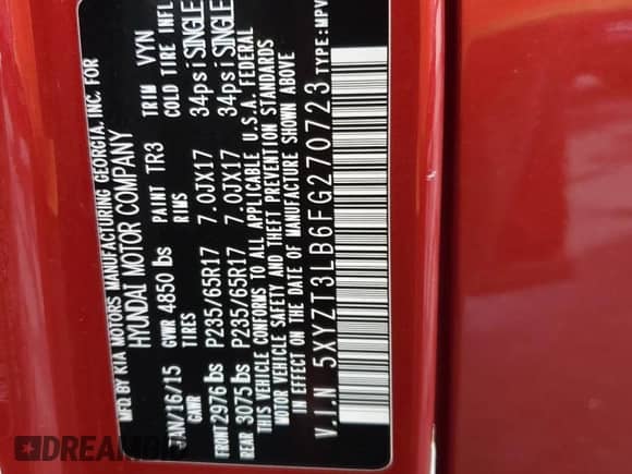 2015 Hyundai Santa Fe with VIN 5XYZT3LB6FG270723, listed as a Copart auction lot 60805535 with 59,798 mi miles and Salvage title. Bid and sale history available at DreamBid. Image 13.