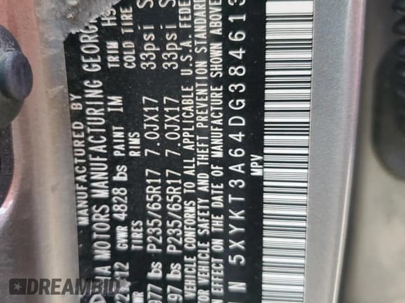 ✅ 2013 Kia Sorento LX • VIN: 5XYKT3A64DG384613 • Lot: 62426725. Listed on Copart with 189,954 mi. Free auction sales archive from the USA and detailed vehicle history report at DreamBid. Image 13.