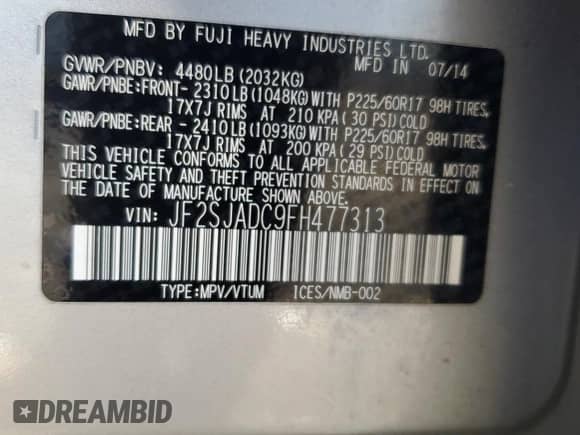 2015 Subaru Forester Premium with VIN JF2SJADC9FH477313, listed as a Copart auction lot 90075575 with 56,073 mi miles and Salvage title. Bid and sale history available at DreamBid. Image 12.