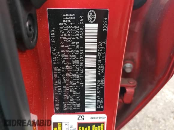 2024 Toyota Camry SE with VIN 4T1T11AK0RU233541, listed as a Copart auction lot 83960515 with 51,765 mi miles and Clean title. Bid and sale history available at DreamBid. Image 12.