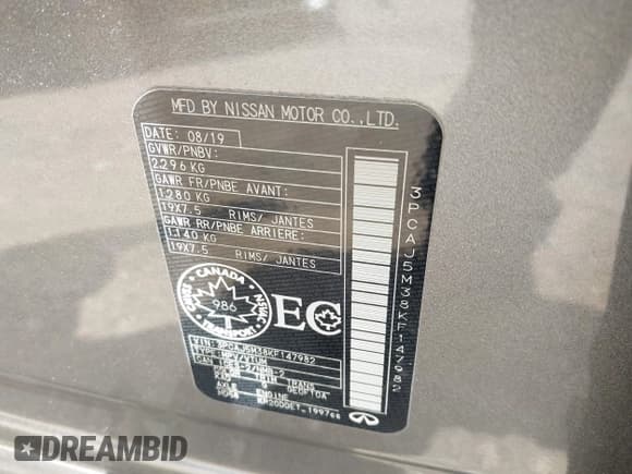 ✅ 2019 Infiniti QX50 Luxe • VIN: 3PCAJ5M38KF147982 • Lot: 42498654. Listed on IAAI with 35,549 mi. Free auction sales archive from the USA and detailed vehicle history report at DreamBid. Image 9.