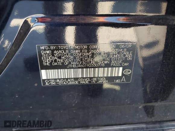 ✅ 2009 Lexus ES 330 • VIN: JTHBJ46G192330778 • Лот: 84231295. Опубликован ранее на Copart с пробегом 221 808 миль. Бесплатный доступ к архиву аукционных продаж из США и подробный отчёт об истории автомобиля на DreamBid. Изображение 12.